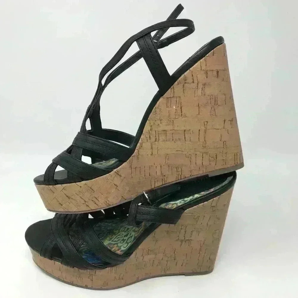 Madden Girl Black Design Buckle Strap Wedge 8 Shoe - Picture 5 of 7